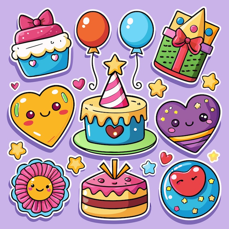 Vecteur une collection joyeuse d'autocollants d'anniversaire avec des gâteaux, des cœurs et des ballons.