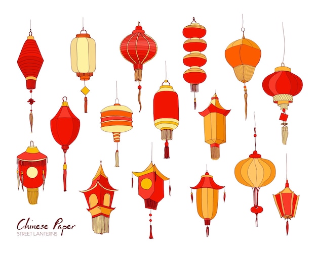 Collection De Lanternes De Rue En Papier Rouge Chinois Dessinés à La Main De Différentes Formes Et Tailles Isolés Sur Fond Blanc. Ensemble De Belles Décorations De Festival Asiatique Traditionnel. Illustration.