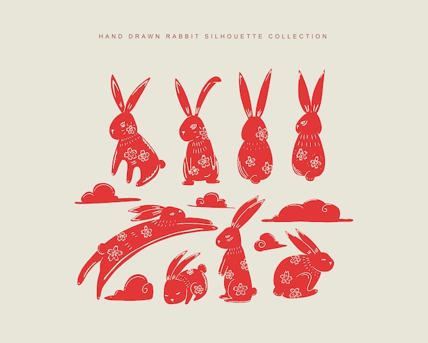 collection de lapin de style découpé en papier asiatique dessiné à la main