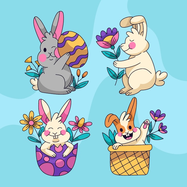 Collection de lapins de Pâques dessinée à la main