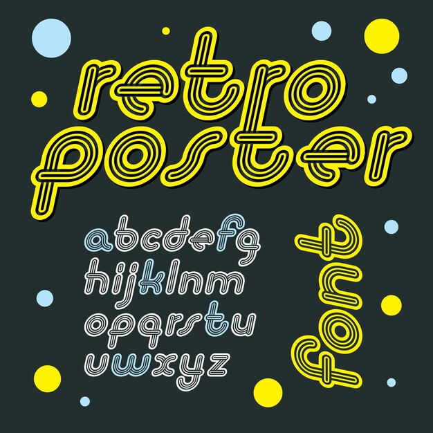 Collection de lettres de l'alphabet anglais rétro minuscule de vecteur. La police cursive disco cool, le script de a à z peut être utilisé dans l'art de l'affiche. Fabriqué avec des lignes triples parallèles géométriques.