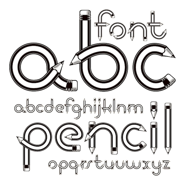 Collection de lettres de l'alphabet minuscule de vecteur réalisée à l'aide de la conception de fournitures de bureau, crayons en bois. Pour une utilisation dans la conception de logos pour journaux et magazines.