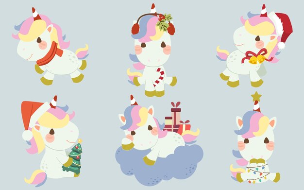 La Collection De Licorne Mignonne Avec Le Thème Du Costume De Noël Dans Un Style Plat.