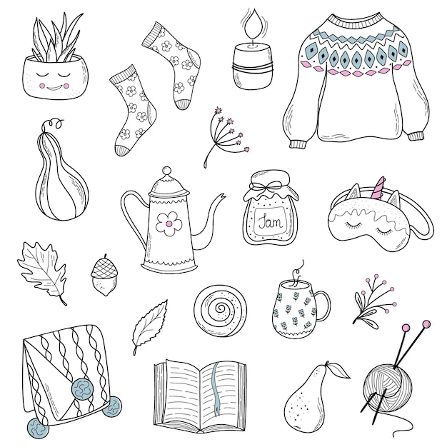 Vecteur collection lifestyle automne illustrations doodle pour autocollants, motifs, livres à colorier hygge automne