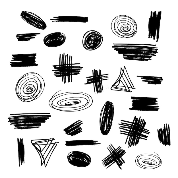 Vecteur collection de lignes et de cercles de coups de pinceau d'encre dessinés à la main brosses de doodle grunge ensemble d'éléments vectoriels isolés sur blanc