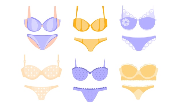 Vecteur collection de lingerie jaune et bleue culottes et soutien-gorge sous-vêtements vêtements illustration vectorielle