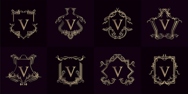 Collection De Logo Initial V Avec Ornement De Luxe Ou Cadre Fleuri