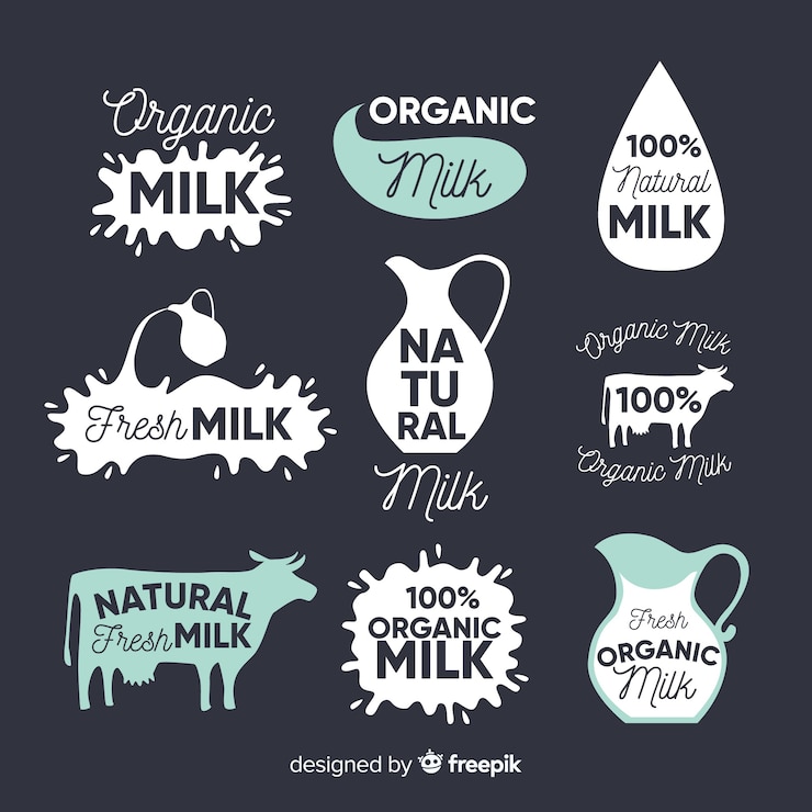 Vecteur collection de logo de lait bio silhouettes dessinées à la main