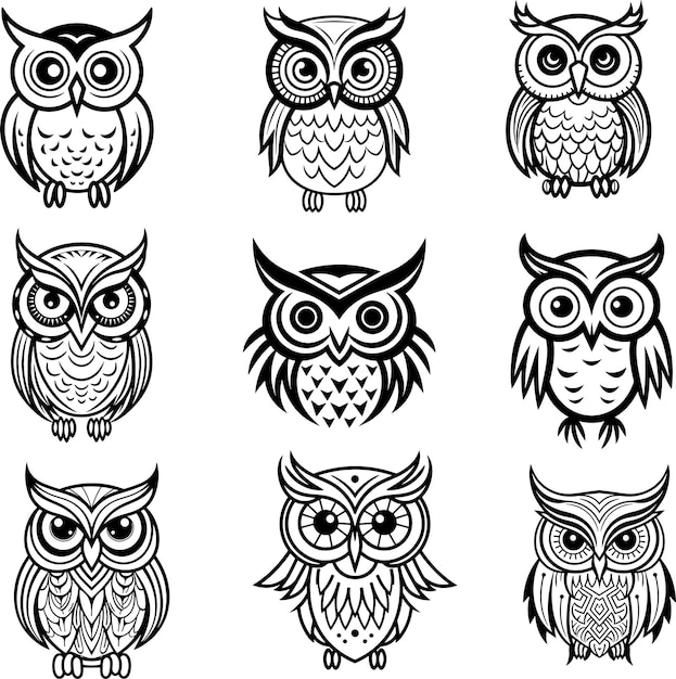 collection de logo de silhouette de hibou illustration vectorielle en noir et blanc