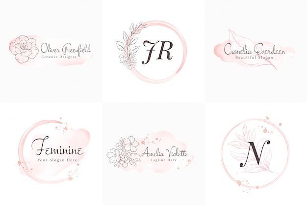 Vecteur collection de logos féminins, modèles d'insignes modernes minimalistes et floraux et aquarelles dessinés à la main pour la marque, l'identité, la boutique, le salon