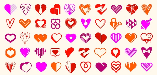 Vecteur collection de logos ou d'icônes vectoriels de coeurs, formes de coeur de différents styles et symboles de concepts, amour et soins, santé et cardiologie, géométrique et low poly.