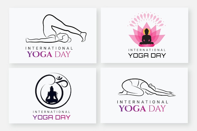 Vecteur collection de logos de la journée internationale du yoga avec pose de yoga pour femme et seigneur shiva