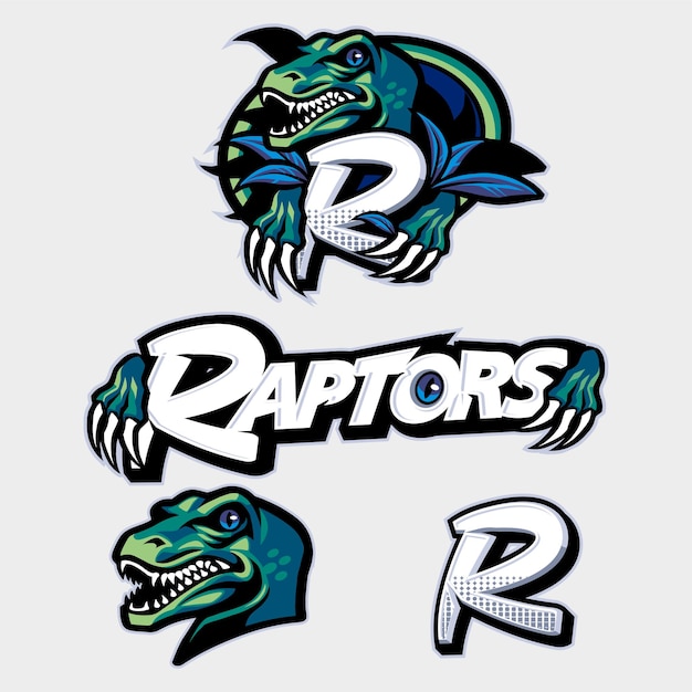 Vecteur collection de logos de mascotte raptors avec logotype et monogramme r logo