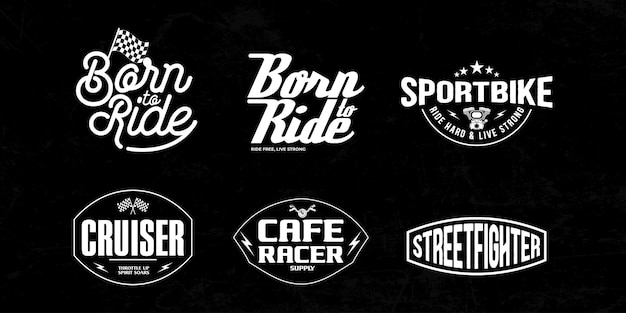 Collection de logos de motos vintage avec une typographie rétro et des thèmes de course