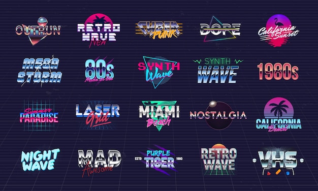 Vecteur collection de logos vector retro neon set de 20 modèles de logos rétro colorés des années 80 impressions pour t-shirt