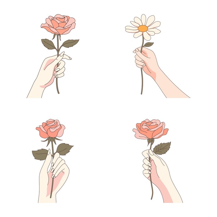 Collection de la main d'une femme élégante tenant le tigeau floral de la rose daisy