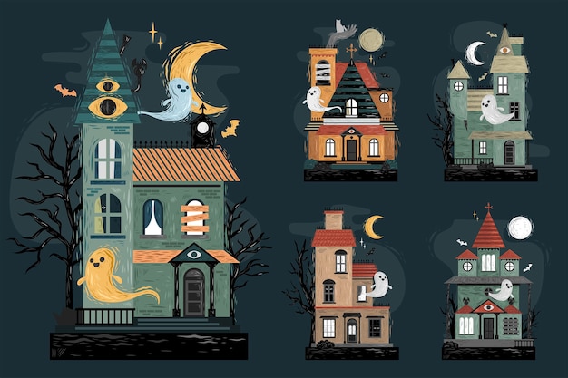 Vecteur collection de maisons hantées d'halloween dessinées à la main