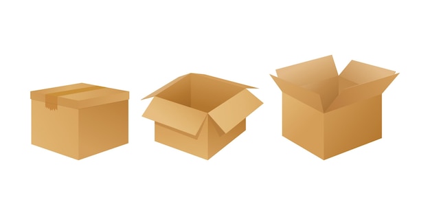 Collection de maquettes de boîtes en carton Boîte d'expédition ouverte et fermée avec des panneaux fragiles