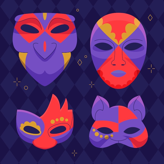 Vecteur collection de masques de carnaval de venise plats