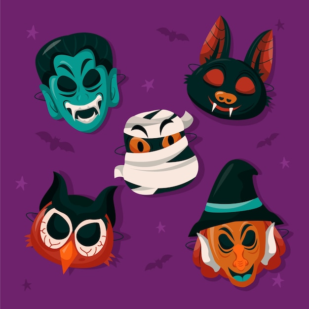 Vecteur collection de masques d'halloween plats