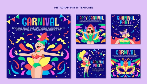 Vecteur collection de messages instagram de carnaval plat