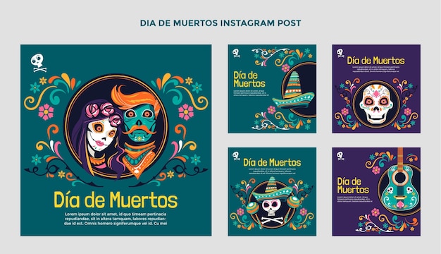 Collection De Messages Instagram Dia De Muertos à Plat Dessiné à La Main