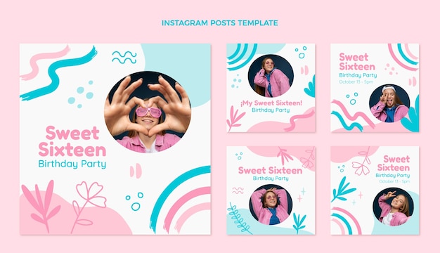 Vecteur collection de messages instagram flat sweet 16