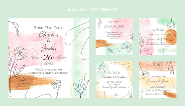 Collection de messages instagram de mariage dessinés à la main à l'aquarelle