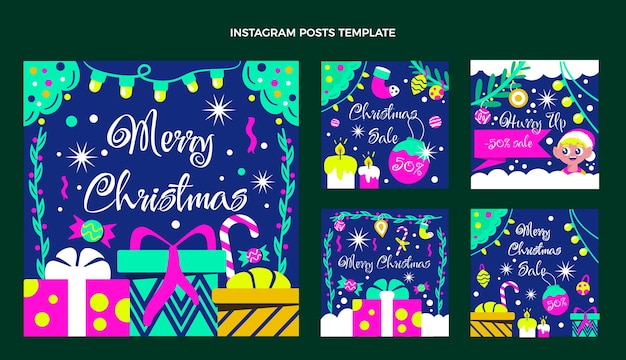 Collection De Messages Instagram De Noël Plat Dessinés à La Main