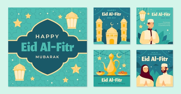 Vecteur collection de messages instagram plats eid al-fitr