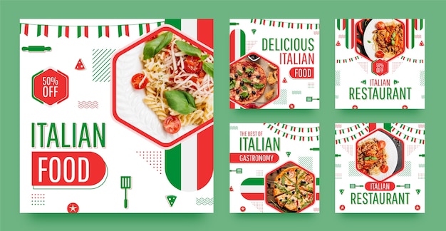 Vecteur collection de messages instagram plats pour un restaurant de cuisine italienne traditionnelle