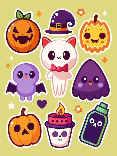 Une collection de mignons icônes d'Halloween. Il y a un chapeau de sorcière, des citrouilles, un fantôme, une chauve-souris, une bougie avec un crâne, une potion et un mignon chat fantôme.