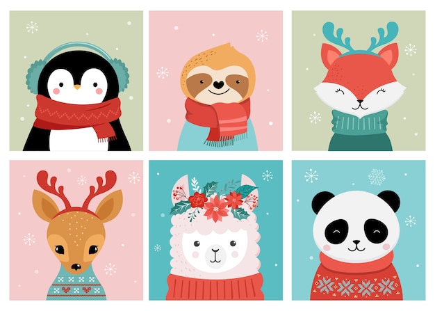 Collection De Mignons Joyeux Noël S De Panda, Renard, Lama, Paresseux, Chat Et Chien