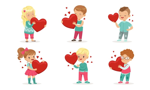 Collection de mignons petits garçons et filles tenant des cœurs rouges illustration vectorielle