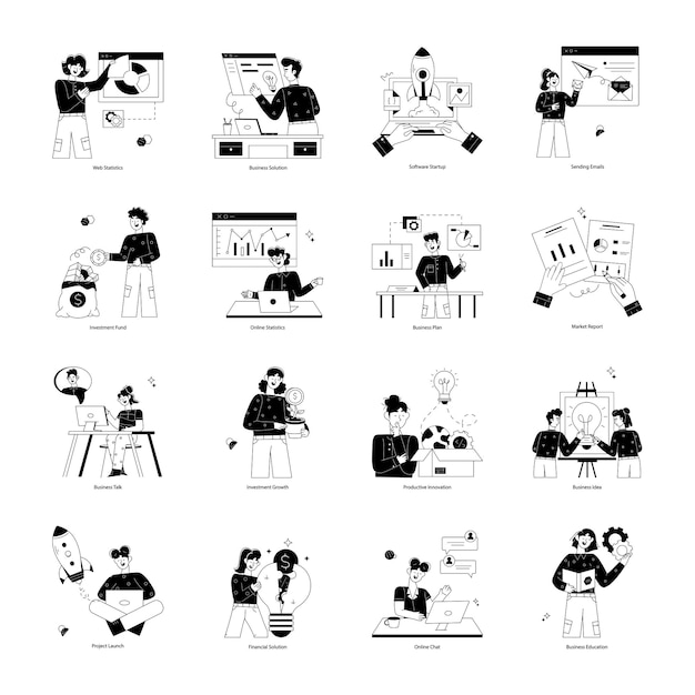 Collection de mini-illustrations de glyphes de démarrage de projets