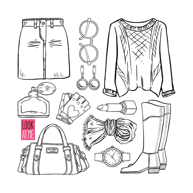 Vecteur collection de mode de croquis de vêtements et accessoires féminins. illustration dessinée à la main