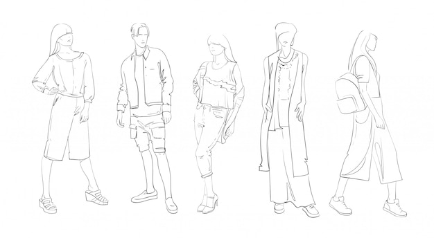 Collection de mode de vêtements Ensemble de modèles portant un croquis de vêtements à la mode