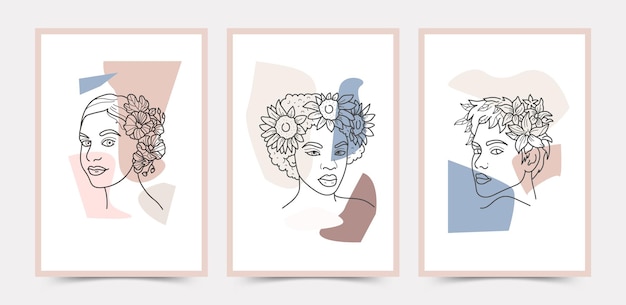 Collection De Modèles D'affiches Boho Art Ligne Visage Et Fleurs.