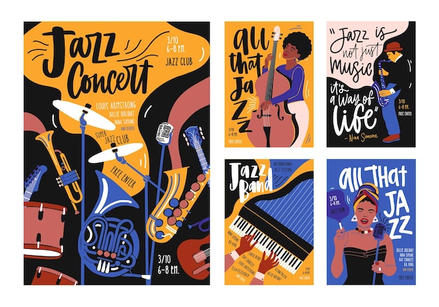 Collection De Modèles D'affiches, De Pancartes Et De Dépliants Pour Le Festival De Musique Jazz, Le Concert, L'événement Avec Des Instruments De Musique, Des Musiciens Et Des Chanteurs. Illustration Vectorielle Dans Un Style De Dessin Animé Contemporain Dessiné à La Main.