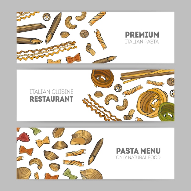 Vecteur collection de modèles de bannière web horizontale avec différents types de pâtes crues dessinés à la main sur fond blanc - spaghetti, farfalle, conchiglie, rotini. illustration pour restaurant italien.