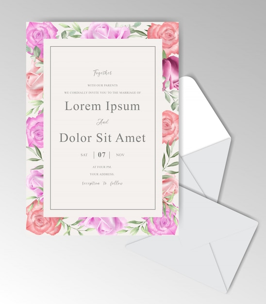 Collection de modèles fixes de mariage avec aquarelles roses et verdure
