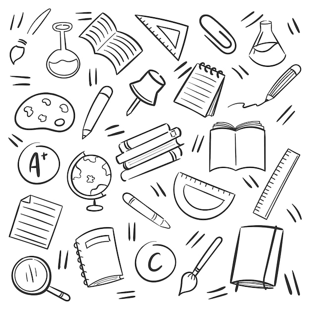 Une collection de modèles de fournitures scolaires comprenant un crayon de livre et un crayon