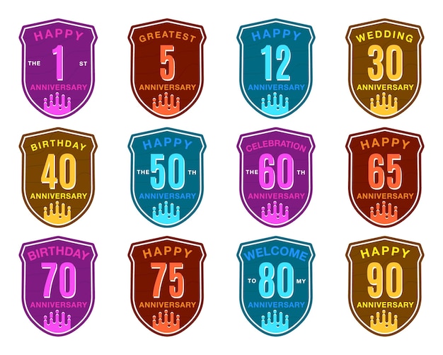 Collection De Modèles De Logo D'anniversaire Badges De Mariage Dans Un Style Plat Moderne Et Différentes Palettes De Couleurs Jeu D'étiquettes D'anniversaire D'anniversaire Ensemble De Dessins Vectoriels De Stock