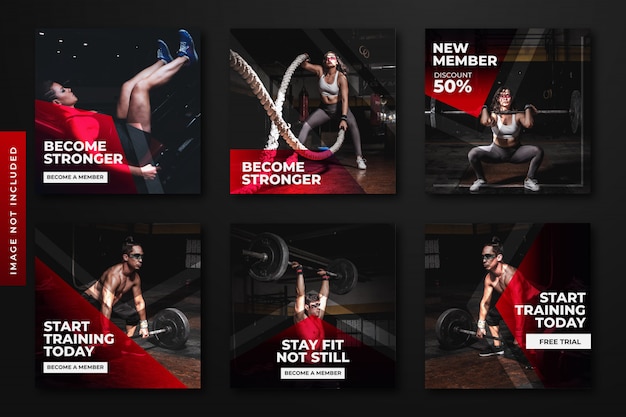 Vecteur collection de modèles de post instagram gym & fitness.