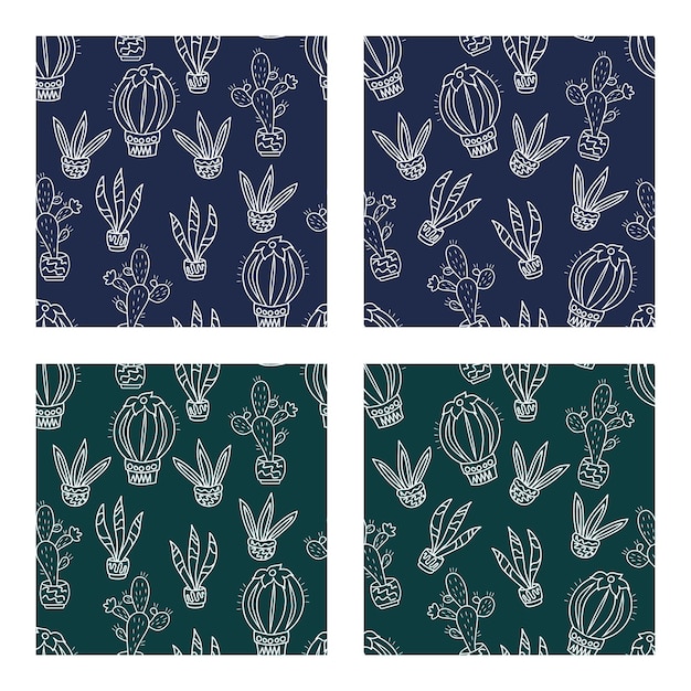 Une Collection De Motifs Avec Des Cactus Sur Fond Sombre. Illustration Vectorielle.