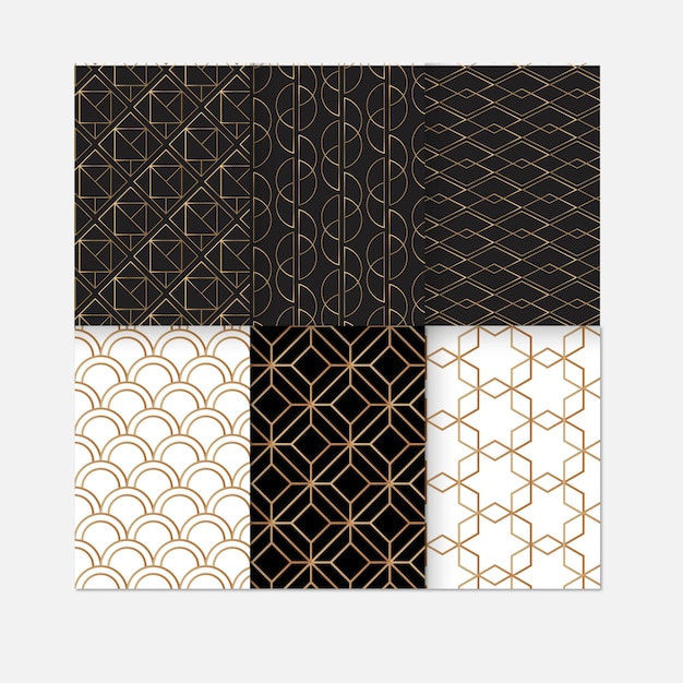 Collection de motifs géométriques de luxe décoratifs sans couture, dessin en or, élé ornemental répétitif