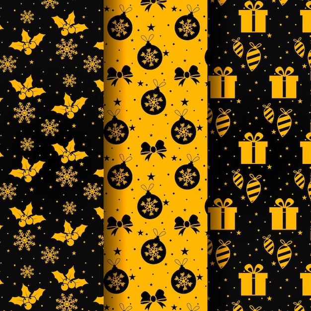 Vecteur collection de motifs de noël noirs et dorés