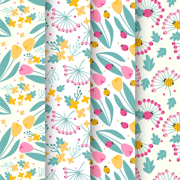 Vecteur collection de motifs de printemps avec tulipes et coccinelles