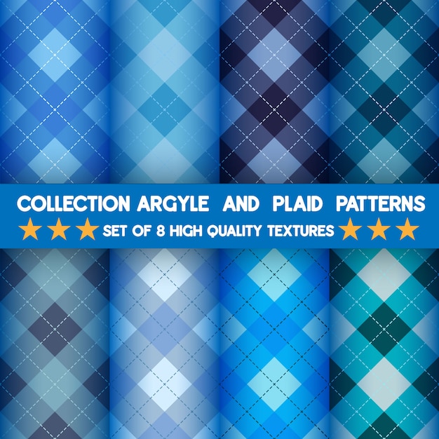 Collection De Motifs Sans Couture Argyle Et Plaid En Fond Bleu.