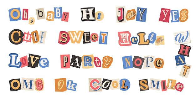 Collection de mots en papier découpée dans un magazine ou un journal